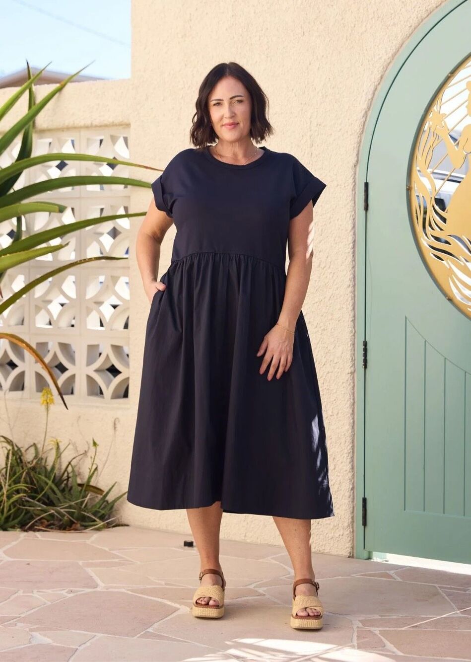 Maye the Label Mixed Texture Short Sleeved Greta Midi Dress in French Navy